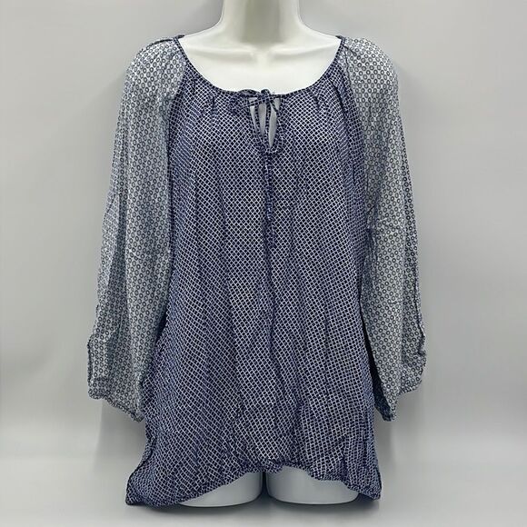 Blue and white patterned Cynthia Rowley long sleeve top - Picture 1 of 8